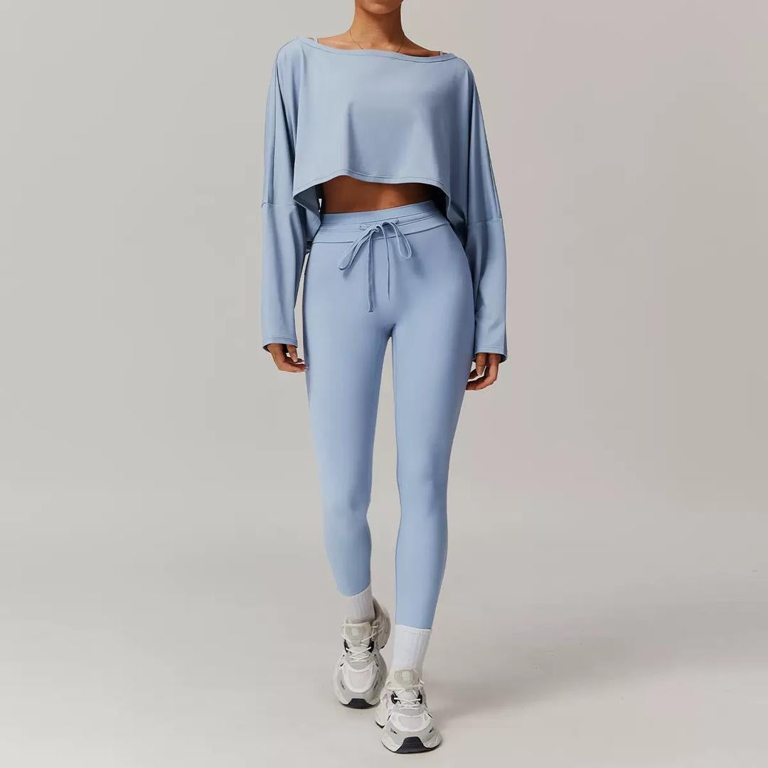 flowy long-sleeve crop with high-rise tie leggings