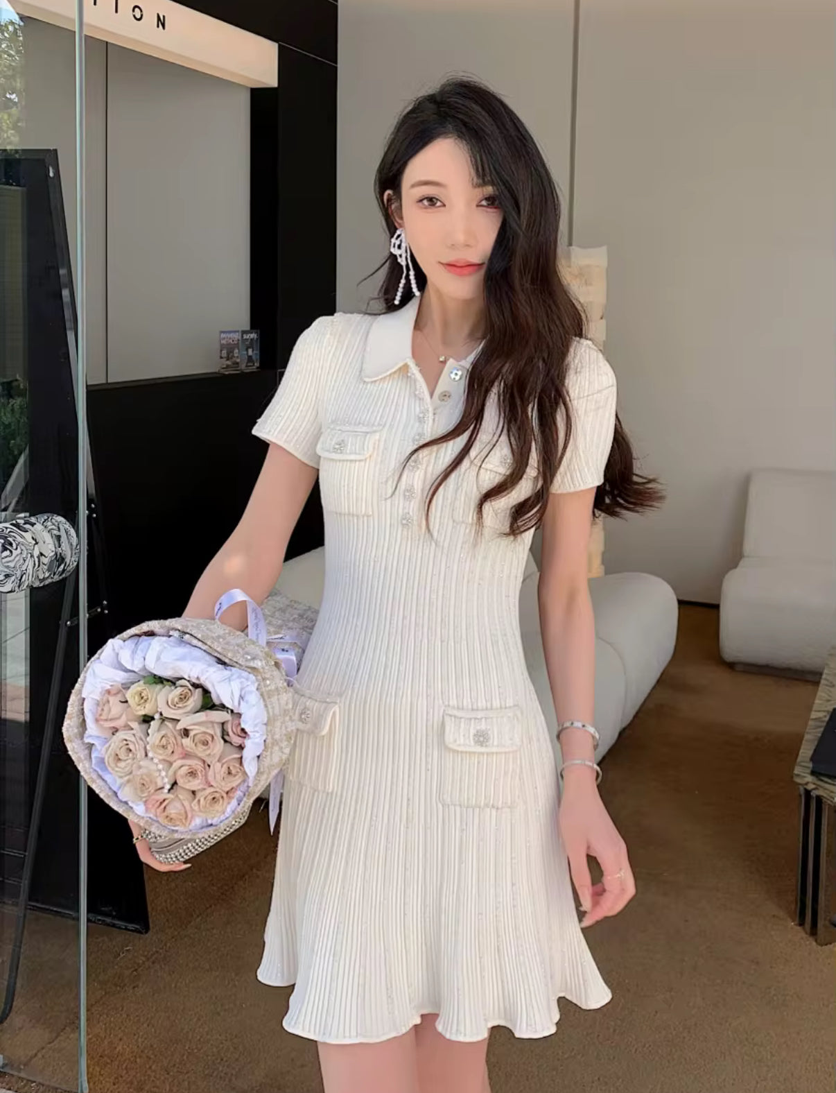 Knit Polo Mini Dress with Pearl Buttons