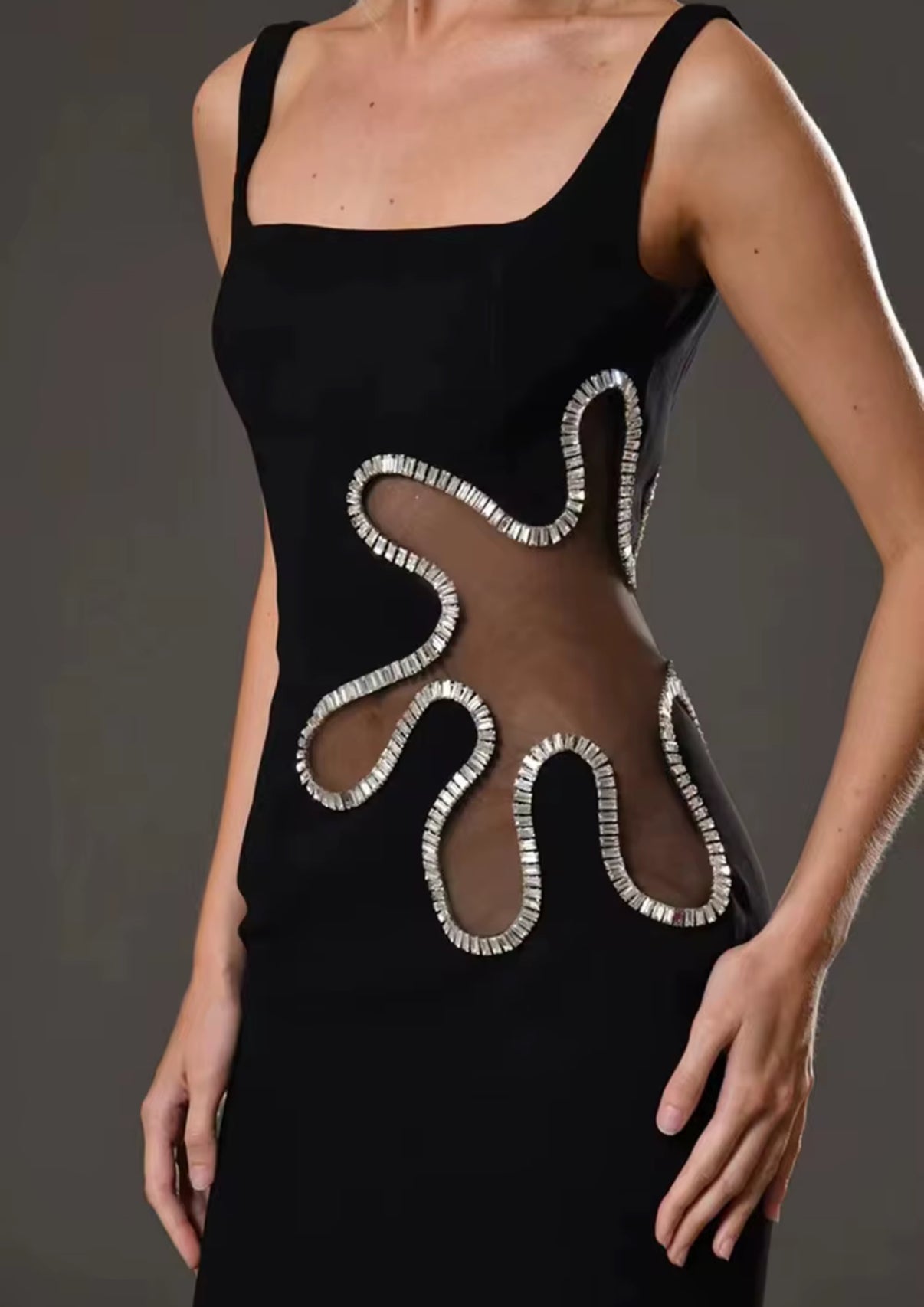 fitted maxi dress with crystal trim & sheer cut-out