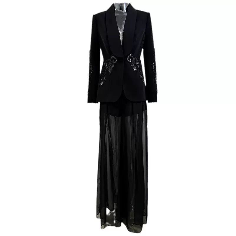 Black Embellished Blazer & Sheer Pants Set