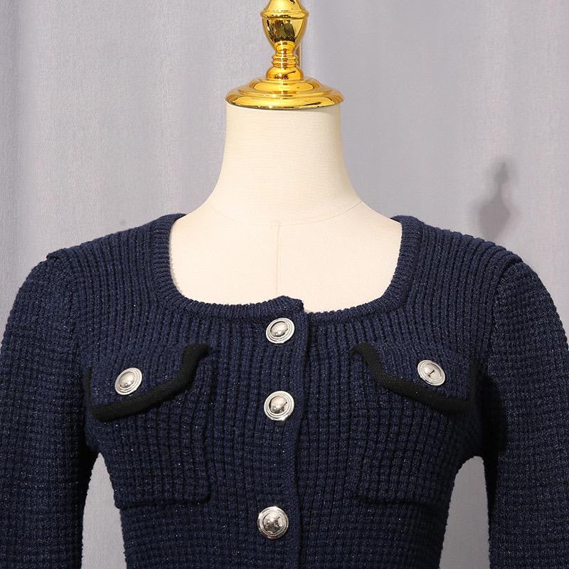 Textured Knit Peplum Cardigan & Fitted Maxi Skirt Set in Midnight Navy