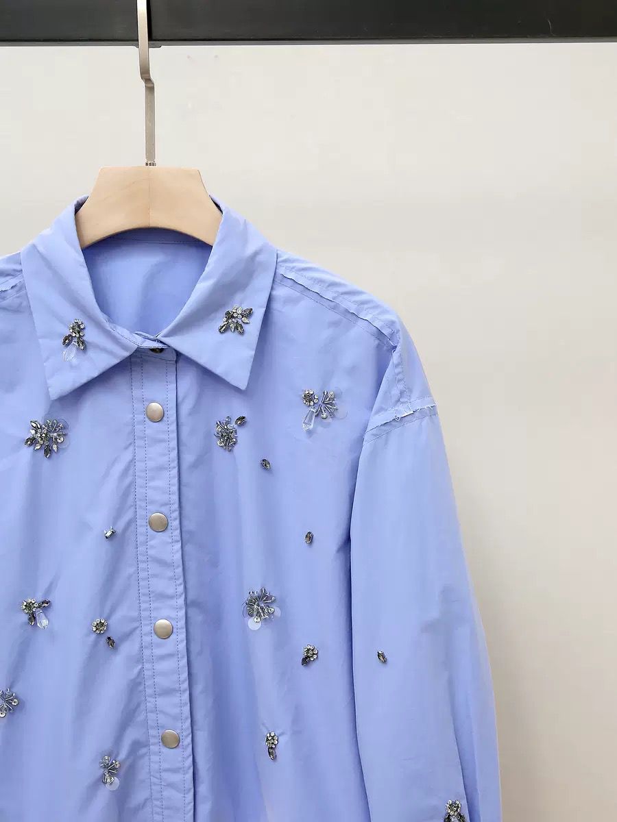 Crystal Bee Embellished Cropped Shirt – Sky Blue