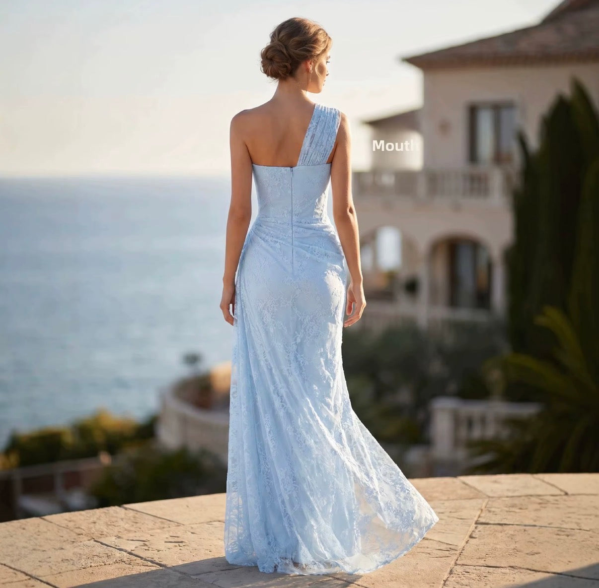 Ice Blue One-Shoulder Lace Gown