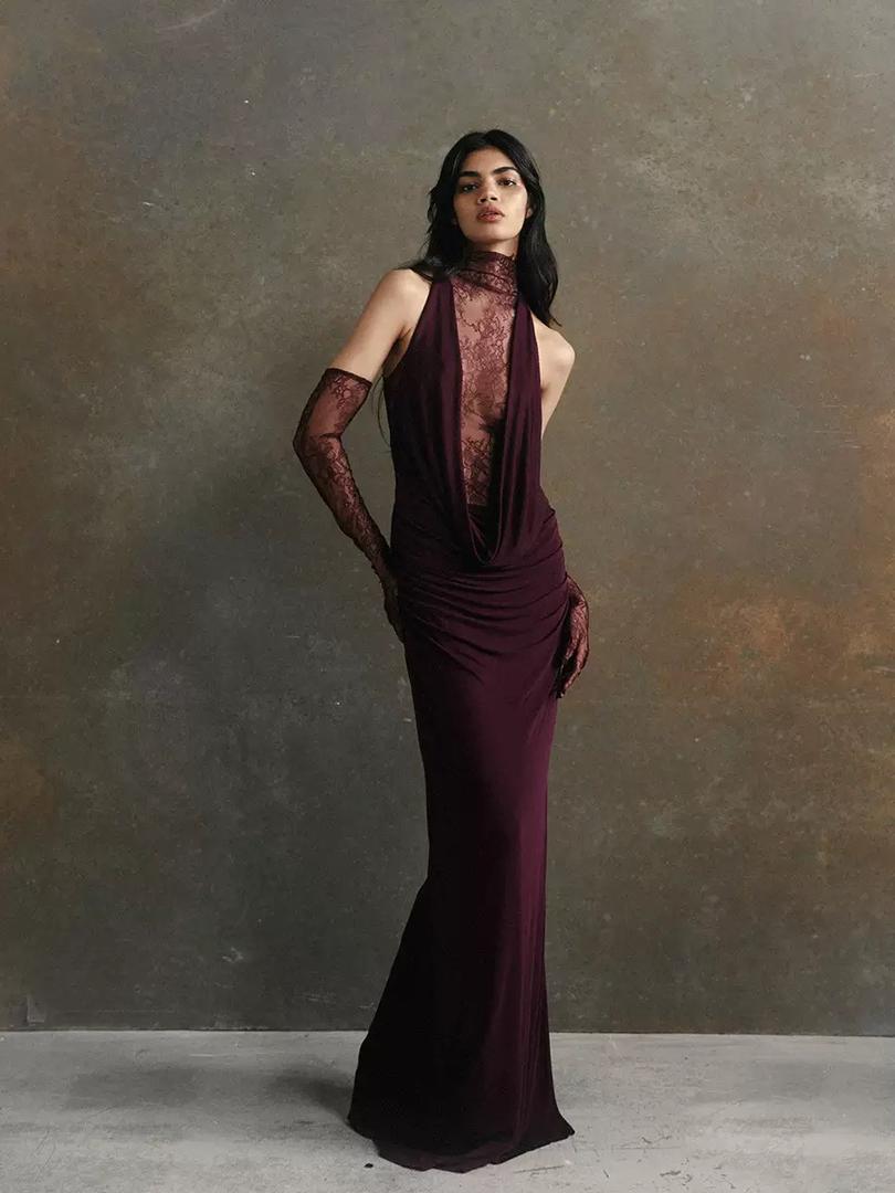 Lace Illusion Draped Halter Gown with Matching Gloves