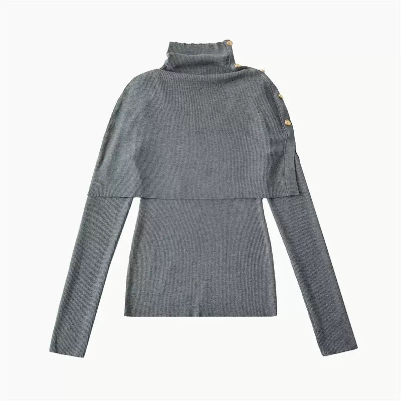 High-Neck Layered Knit Top with Side Buttons