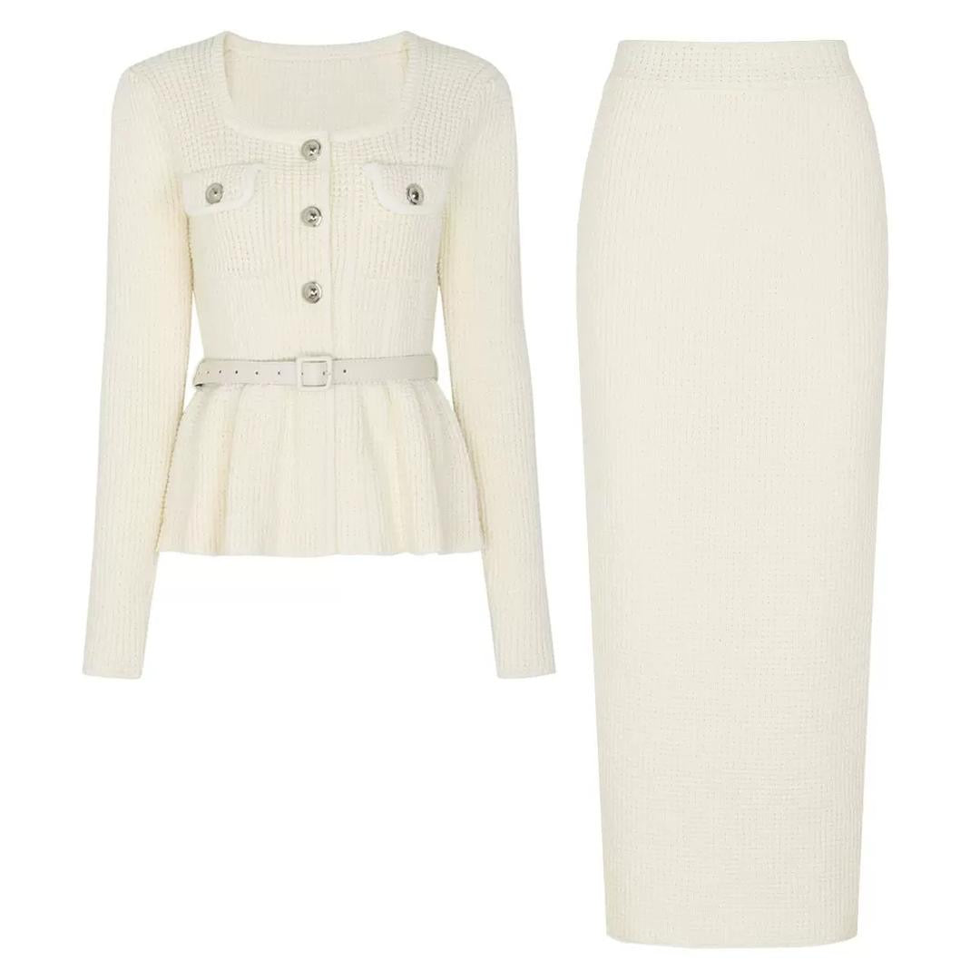 Belted Knit Cardigan & Pencil Skirt Set