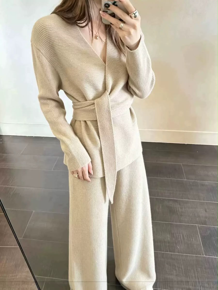 Belted Wrap Knit Top & Wide-Leg Pants Set