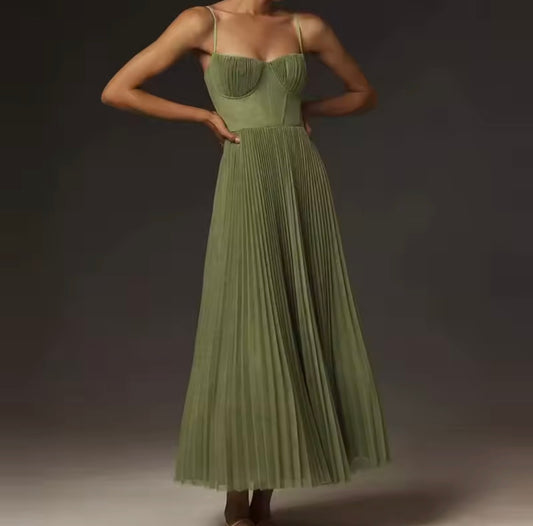 Olive Pleated Corset Maxi Dress