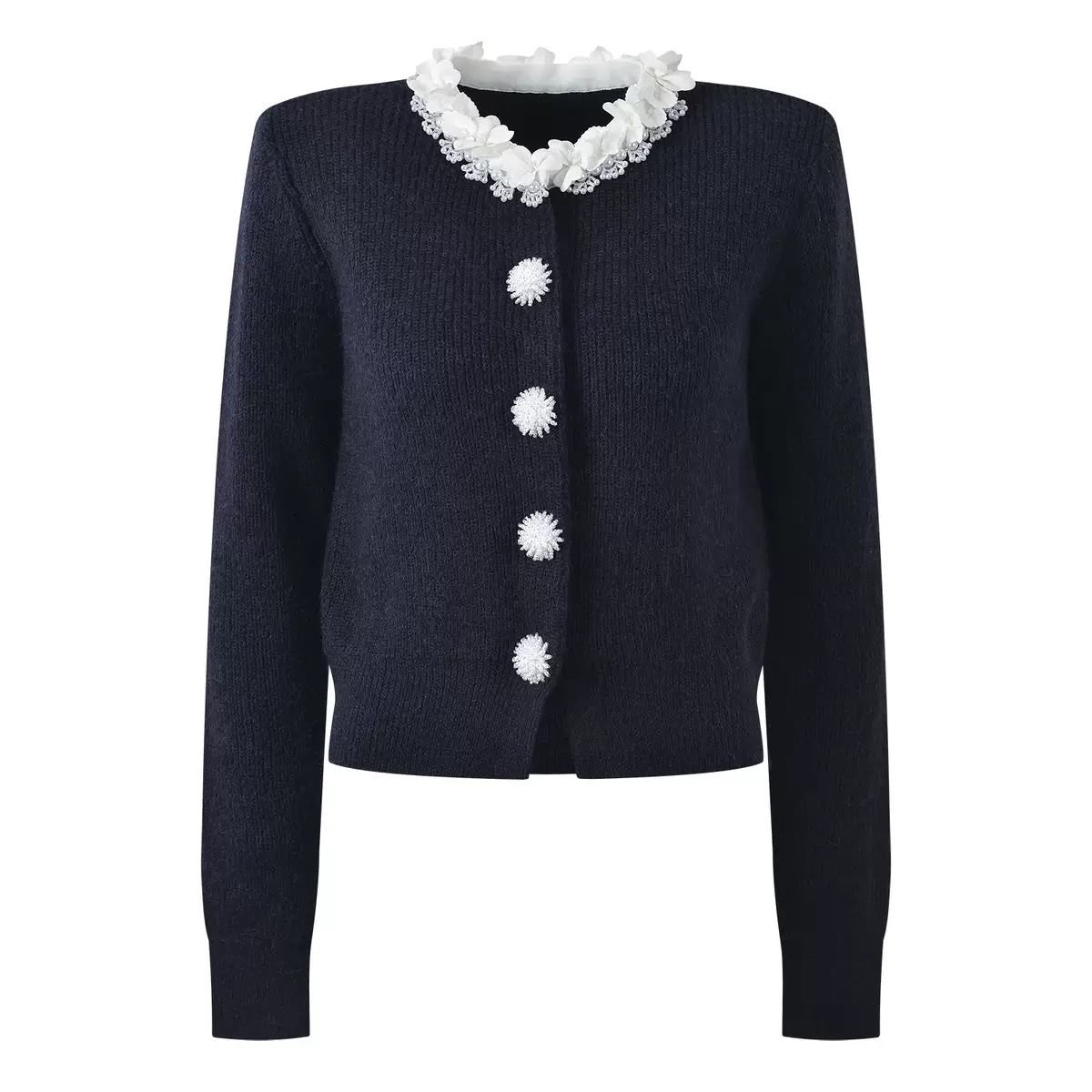 Floral Pearl Collar Knit Cardigan