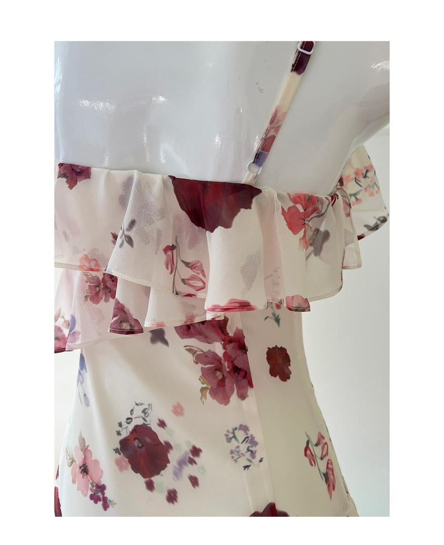 White & Red Floral Ruffle Maxi Dress