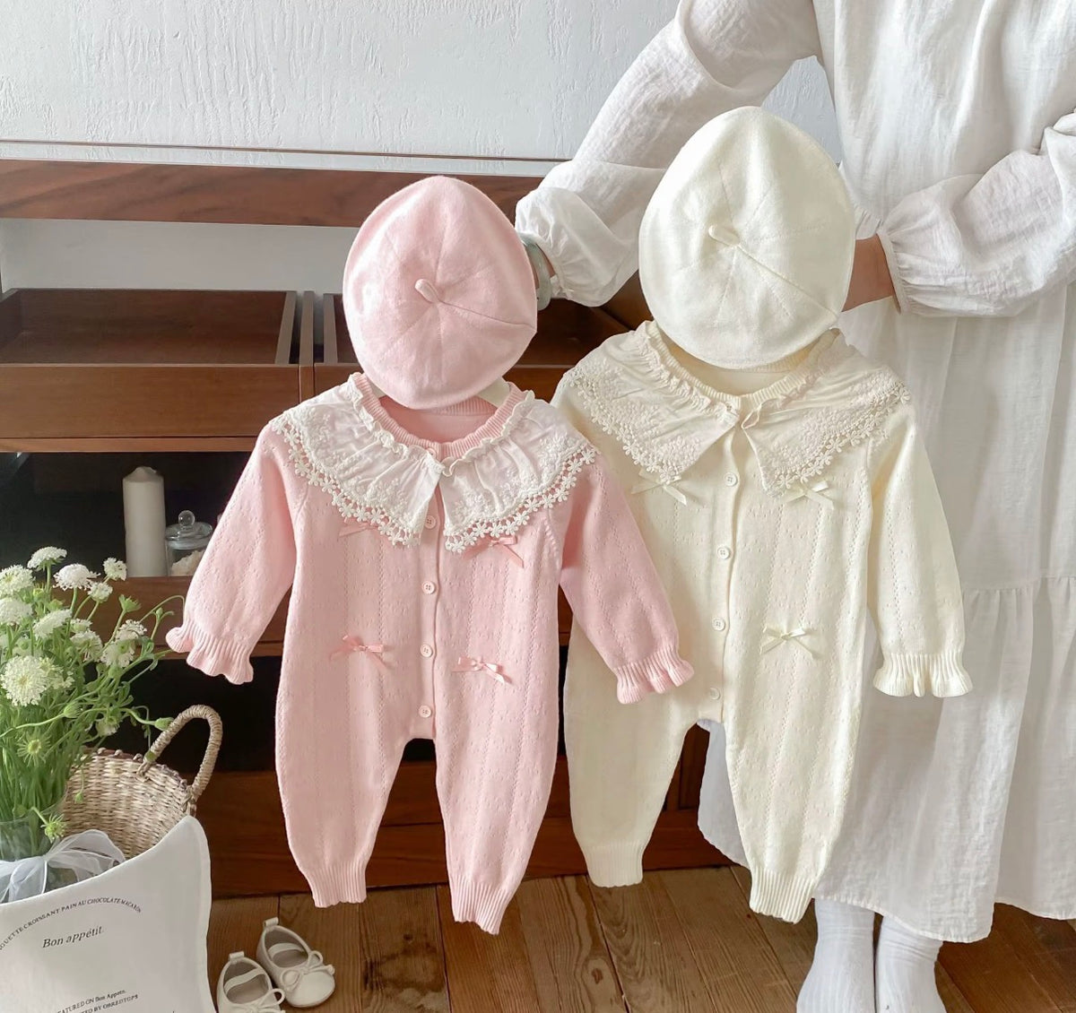 Lace Collar Knit Romper Set