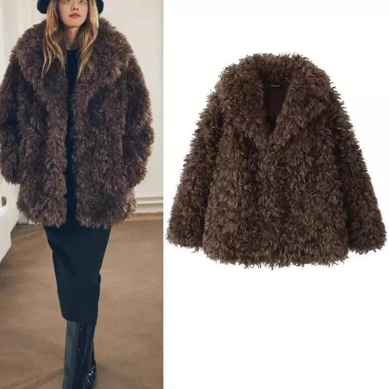 Brown Curly Faux Fur Coat with Lapel Collar