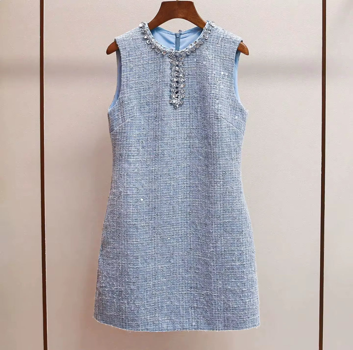 Blue Tweed Embellished Mini Dress