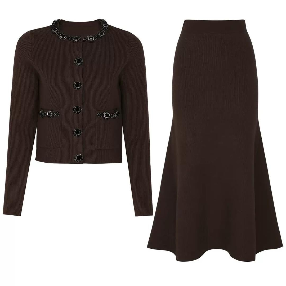 Embellished Knit Cardigan & Flared Midi Skirt Set