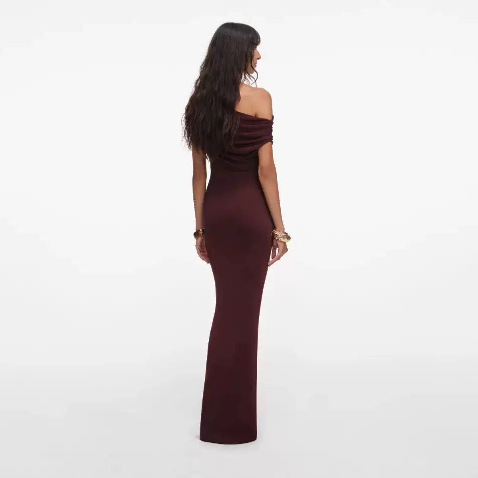 Burgundy Draped One-Shoulder Sculpt Gown