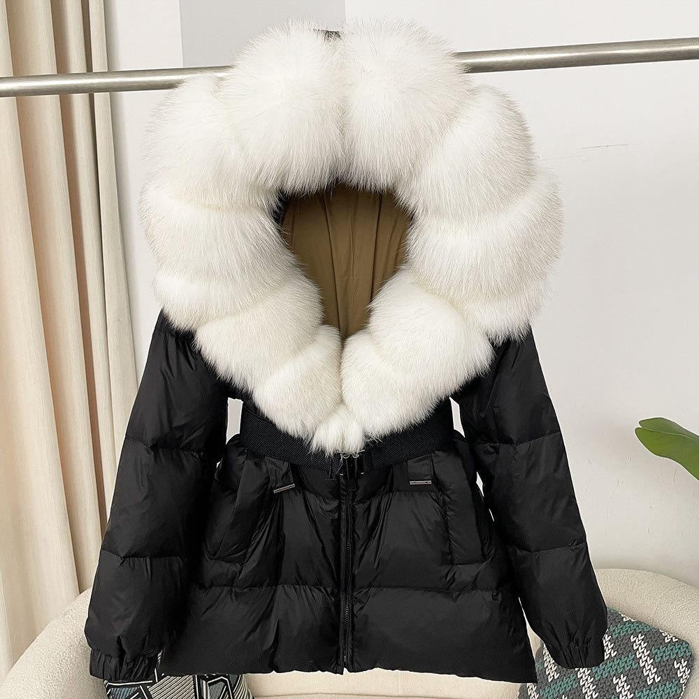 Fur-Collar Belted Puffer Jacket