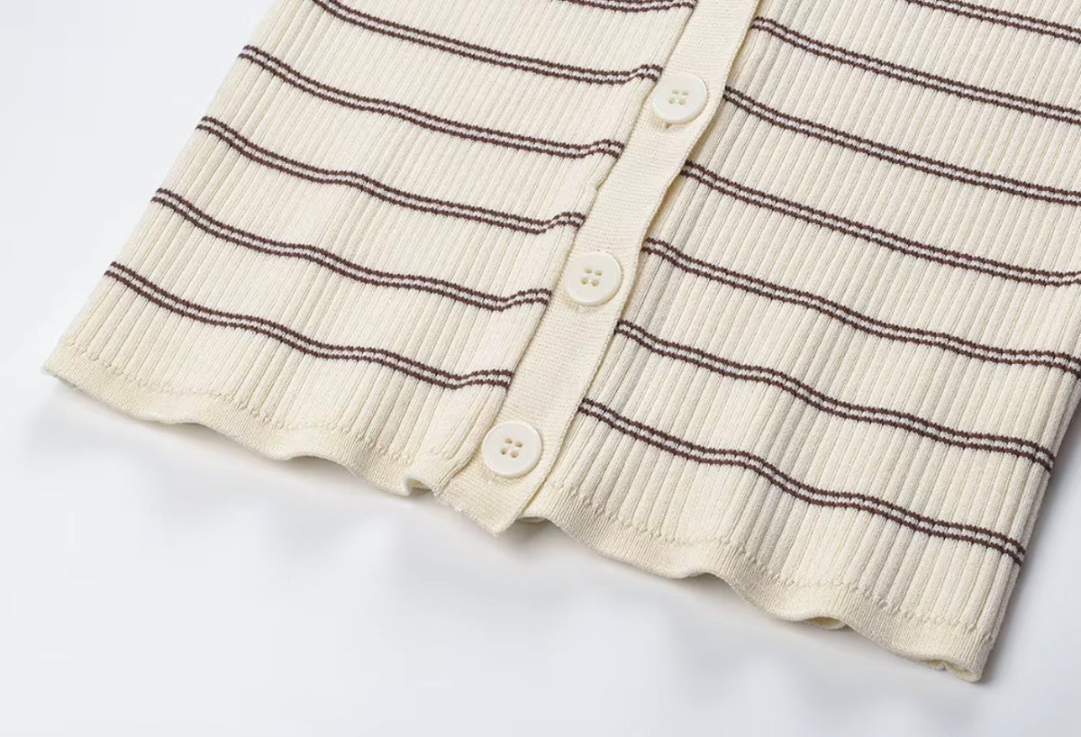 Ivory Striped Ribbed Knit Cardigan