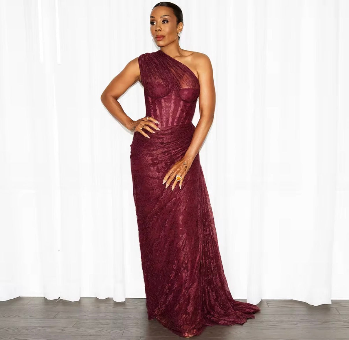 One Shoulder Ruched Lace Maxi Dress