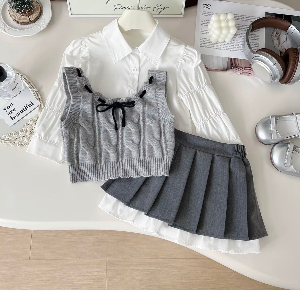Preppy Grey Knit Vest Skirt Set