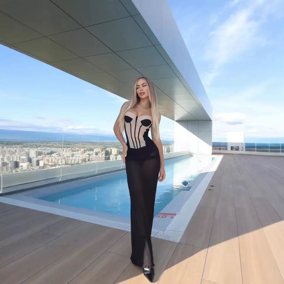 Black Mesh Corset Maxi Dress with Sheer Bodice Detail