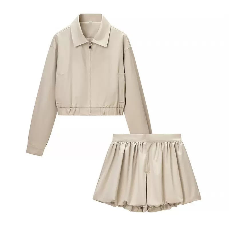 Beige Cropped Zip Jacket & Balloon Shorts Set