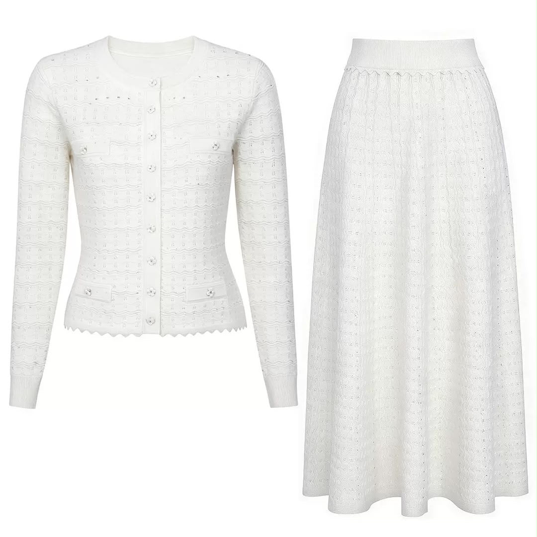 Pointelle Knit Cardigan & Maxi Skirt Set
