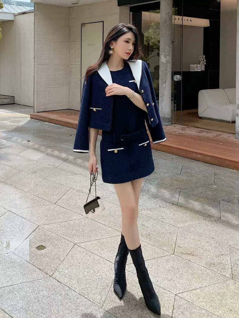 Navy Contrast Collar Tweed Skirt Set