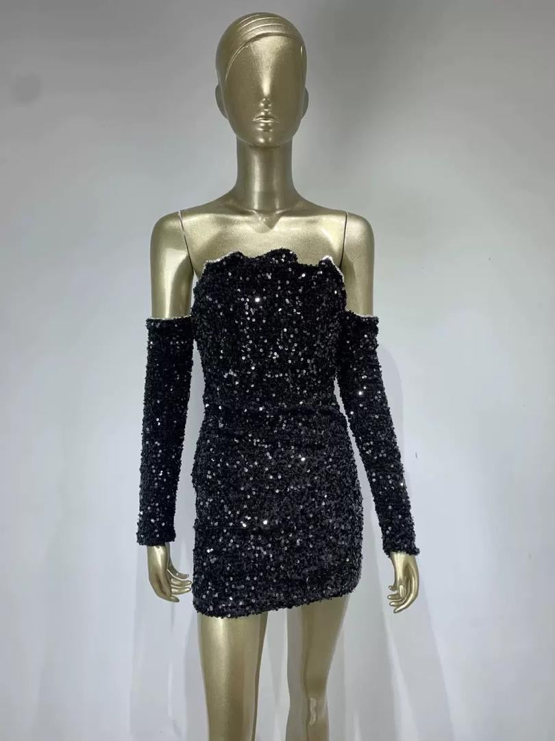 Midnight Charm Off-Shoulder Sequin Mini Dress
