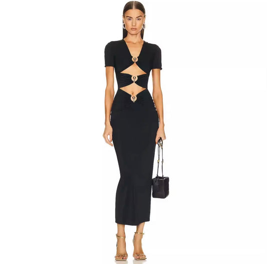Black Cut-Out Ring Detail Bodycon Maxi Dress