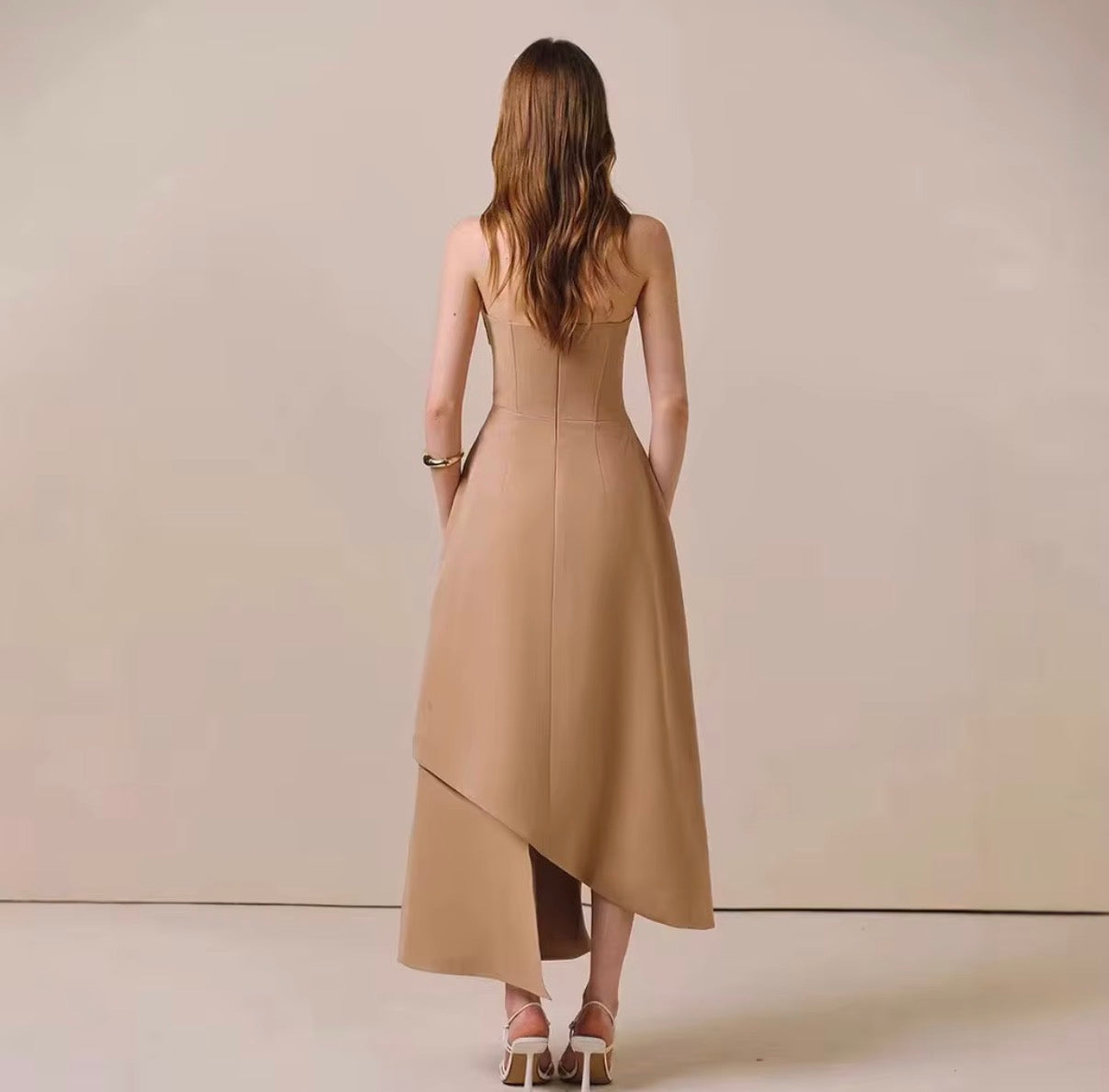 Elegant Strapless Sculpted Asymmetric Midi Dress with Draped Overlay