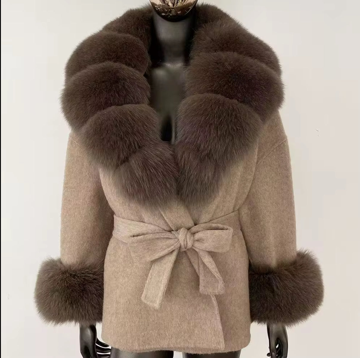 Fur-Collar Belted Wool Coat With fur cuffs