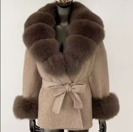 Fur-Collar Belted Wool Coat With fur cuffs