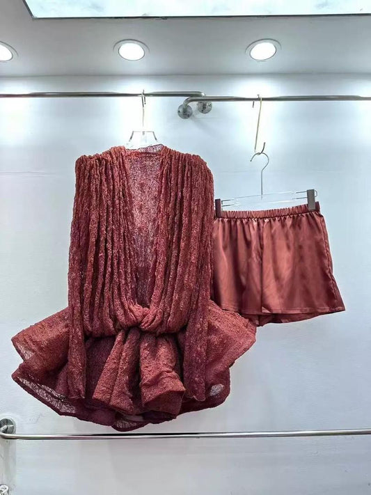 Sheer Long-Sleeve Mini Dress with Plunging Front and Draped Overlay