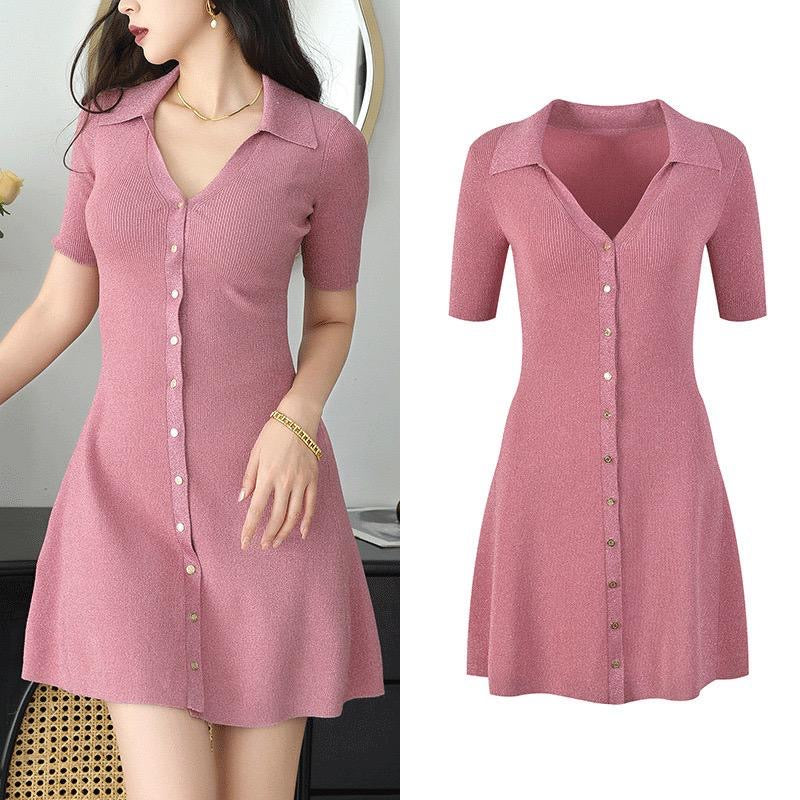 Soft Ribbed A-Line Mini Dress with Button-Down Closure