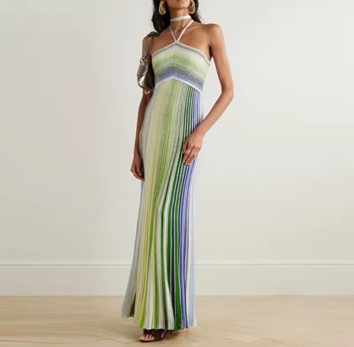 Shimmer Pleated Maxi Dress in Green & Blue Tones