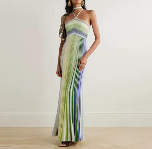 Shimmer Pleated Maxi Dress in Green & Blue Tones