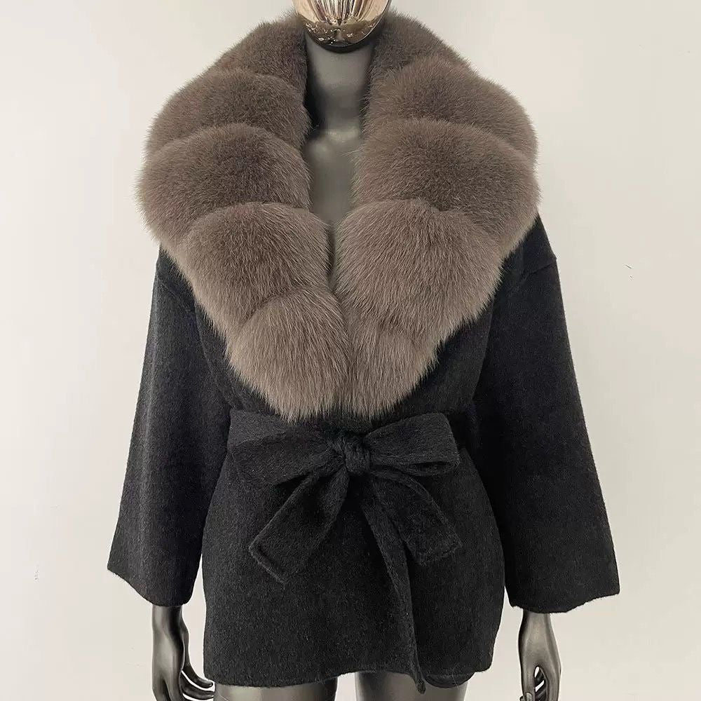 Fur-Collar Belted Wool Coat