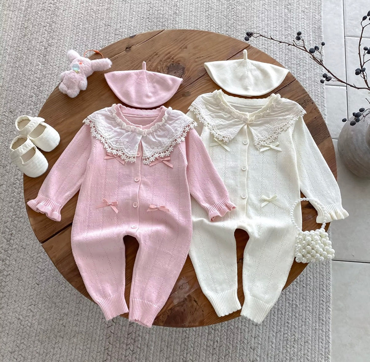 Lace Collar Knit Romper Set