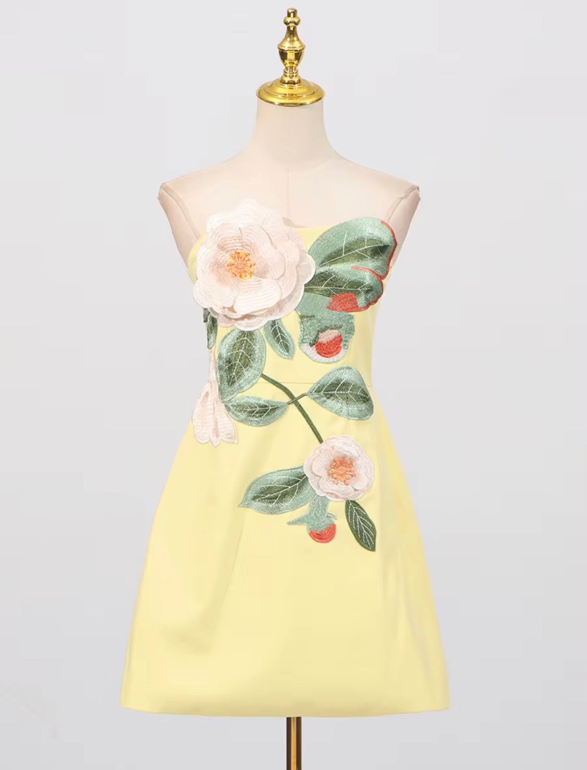 Butter Yellow Floral Appliqué Strapless Mini Dress