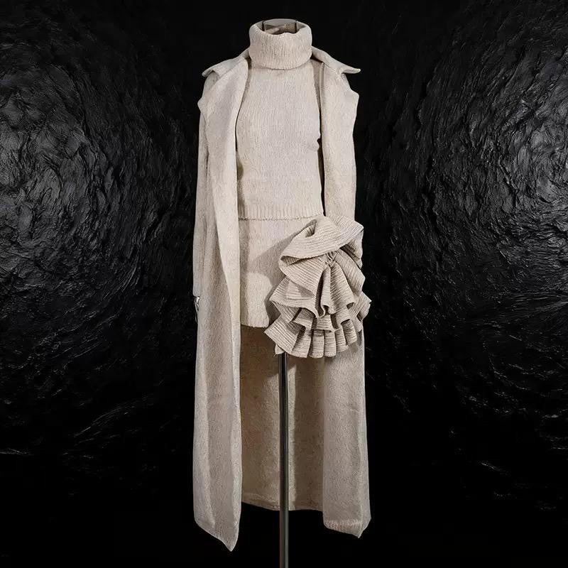 Cozy Bloom Knit Set – 3-Piece Turtleneck, Skirt & Coat