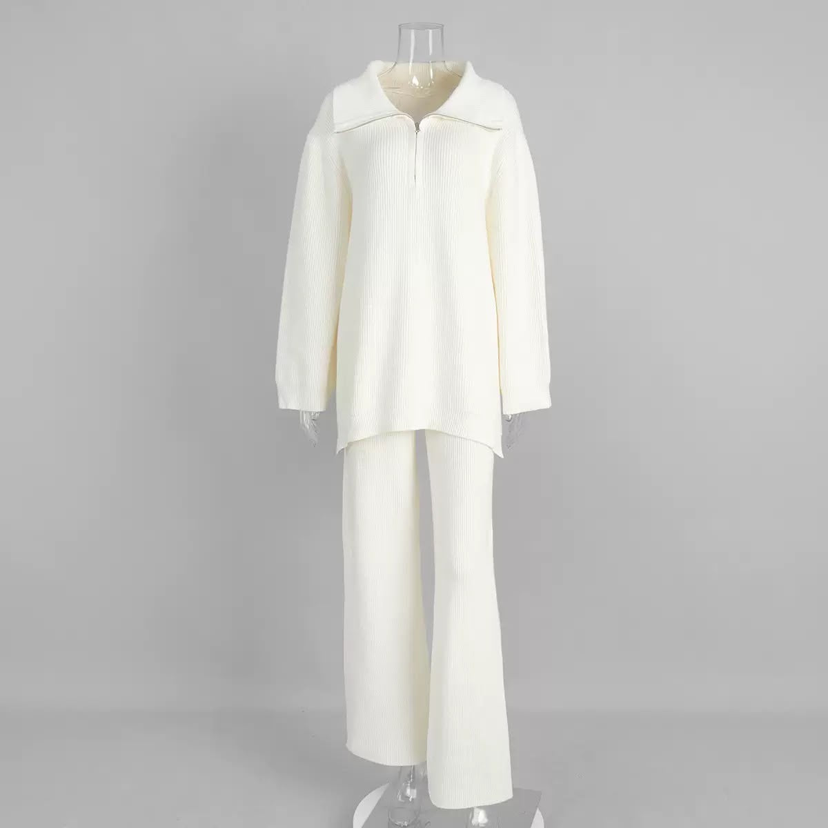 Ribbed Knit Half-Zip Wide-Leg Set