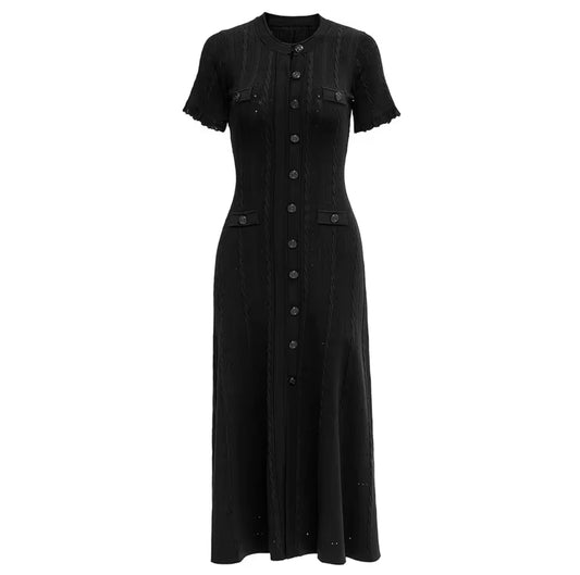 Pastel knit midi dress with front buttons and pocket detail