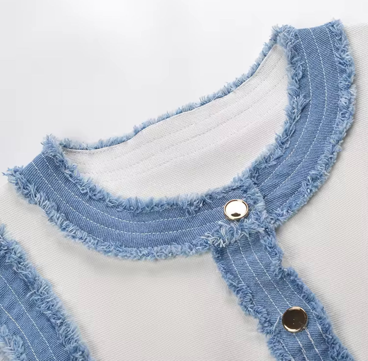 Sleeveless Button-Front Mini Dress with Denim Trim