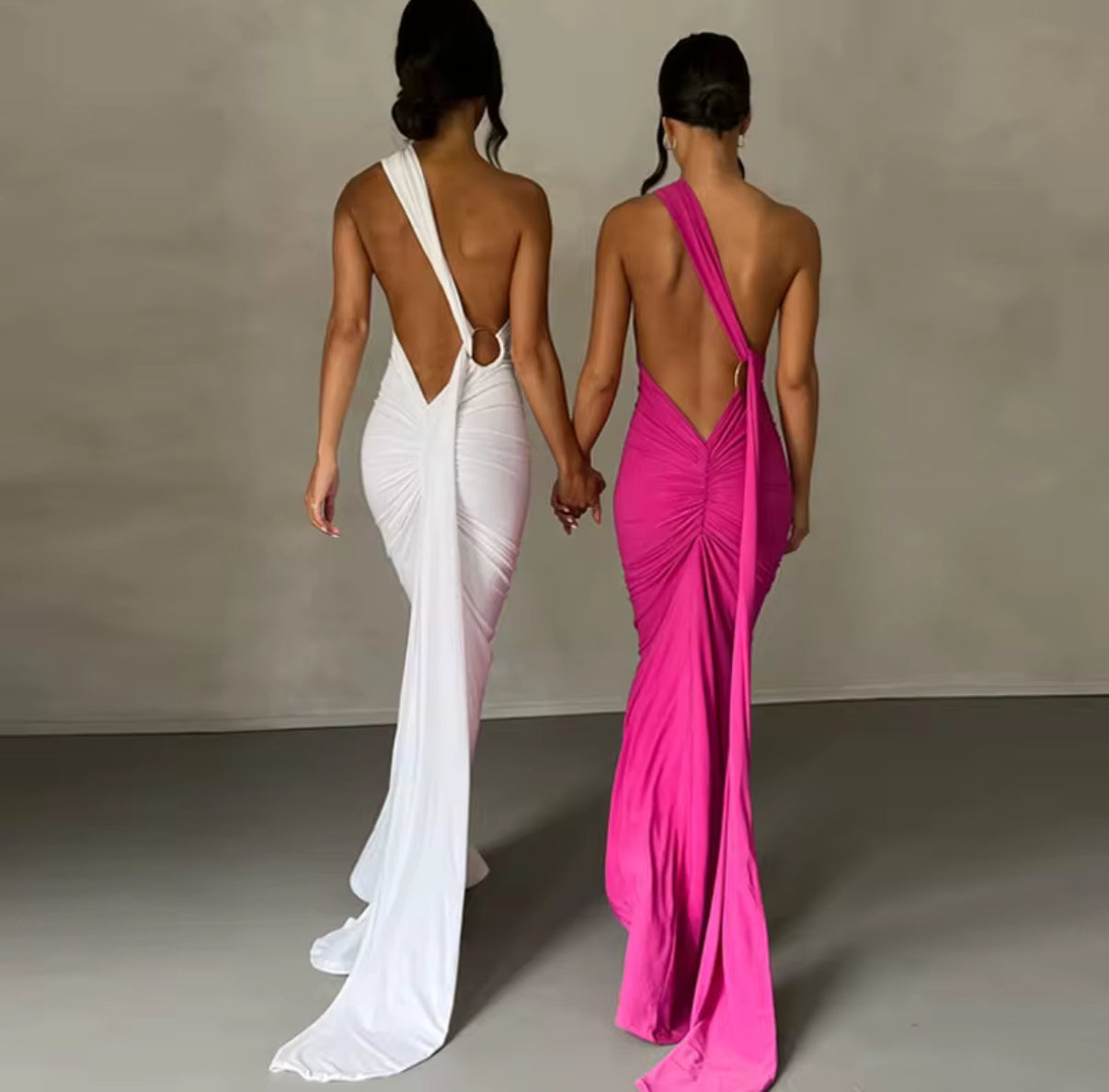 Backless Halter Dress with Draped Train