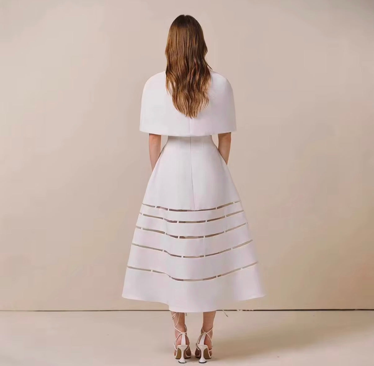 Structured White Midi Dress with Sheer Stripe Panel Skirt and Dual Strap Bodice