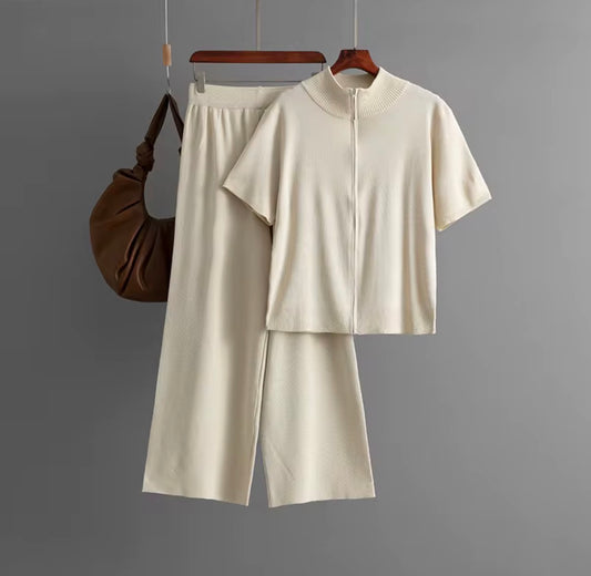 Zip-Up Knit Top & Bermuda Shorts Set