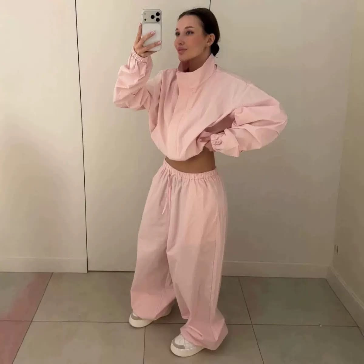 Cropped Windbreaker & Wide-Leg Pants Set