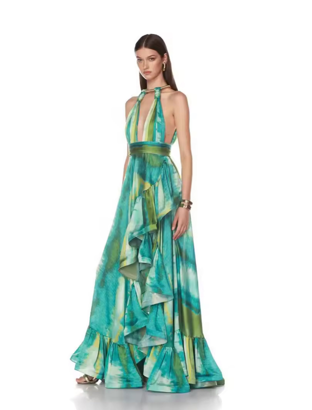 Green maxi dress with open back and cascading ruffles