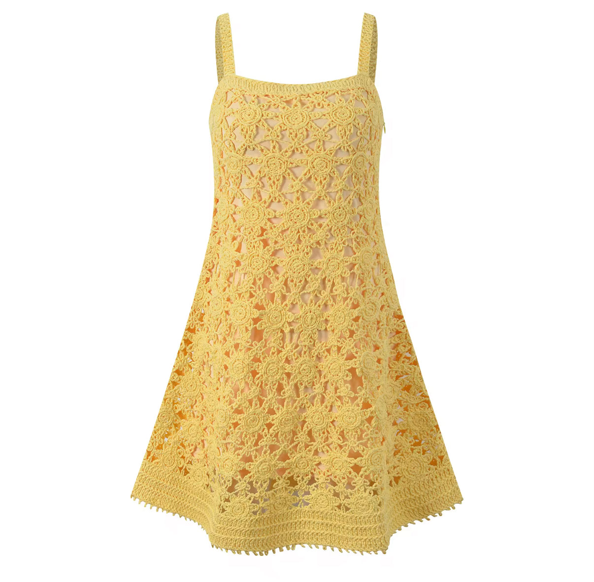 Yellow crochet mini dress with floral detailing