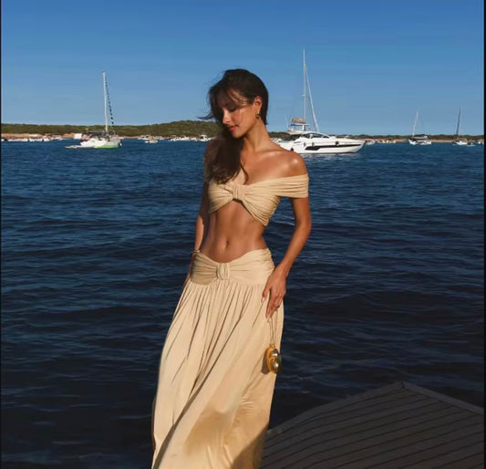 Off-Shoulder Twist Crop & Draped Maxi Skirt Set